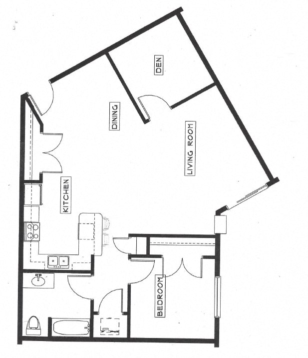Floor plan for 1 bed, 1 bath, 927 sqft
